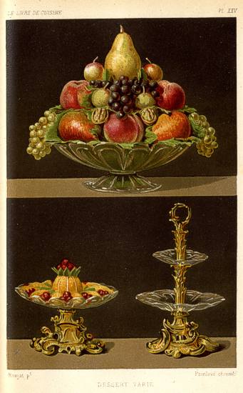 Dessertdarstellungen wie diese stammen aus dem historischen Kochbuch „Le Livre de Cuisine“ von Jules Gouffé, um 1860.