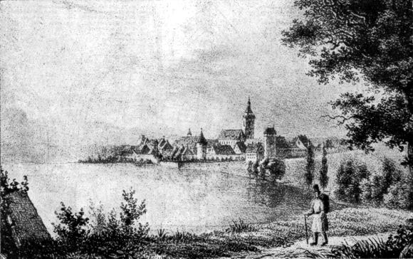 Radolfzell von der Mettnau aus um 1830 (nach einer Lithografie im Besitz der städt. Sammlung)