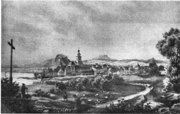 Radolfzell von der Mettnau aus gesehen um 1830. Nach einer Lithografie (aus der Städt. Sammlung)