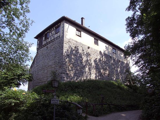 Wäscherschloss: Ansicht von Nordwesten auf Schildmauer und Palas