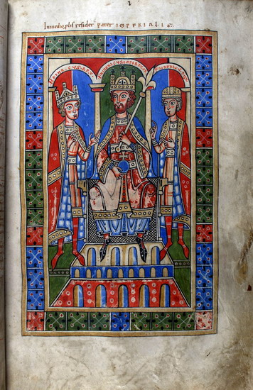 Kaiser Friedrich Barbarossa zwischen seinen Söhnen. Darstellung aus der Weingartener Welfenchronik.