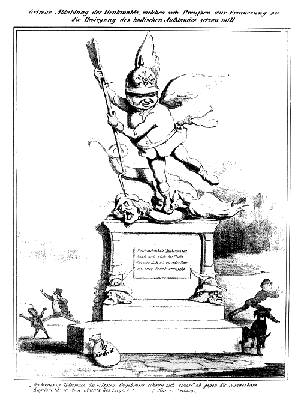 Karikatur auf das Karlsruher Denkmal für den Sieger von 1849, den Preußenkönig Friedrich Wilhelm IV.