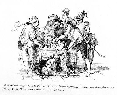 Der deutsche Michel verteilt die deutsche Pastete. Karikatur auf eine Rede Arnold Ruges in der Polen-Debatte der Nationalversammlung am 26. Juli 1848.