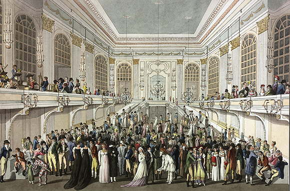 Josef Schütz, Ansicht des k.k. Redoutensaals während eines Masquen-Balles, um 1815. Kolorierter Stich.  © Österreichische Nationalbibliothek, Wien