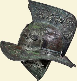 Weltweit gibt es kaum mehr als zehn erhaltene Gladiatorenhelme; dieser wurde bei den Ausgrabungen in Pompeji gefunden (Bronze, 1. Jh. n. Chr.; © Museo Archeologico Nazionale, Neapel)