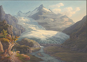 Johann Jakob Meyer (1787–1858), Der Rhonegletscher von Gletsch aus, 1830, Tusche und Aquarell über Bleistift, stellenweise gefirnisst, auf Papier, Museum zu Allerheiligen Schaffhausen, Sammlung Bernhard Neher / Schenkung Stiftung Oscar Neher