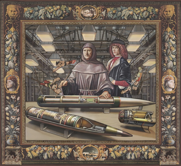 Das Experiment 2. 2008, Digitale Montage/Jacquard, 270 x 370 cm. © Margret Eicher