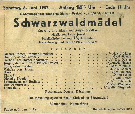 Schwarzwaldmädel: Theaterzettel der letzten bekannten Aufführung vom 6. Juni 1937 vor dem Verbot der Nationalsozialisten