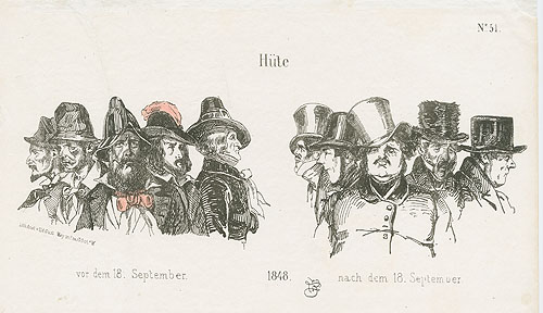 „Hüte“. Ludwig von Elliot, Druckgrafik, 1848