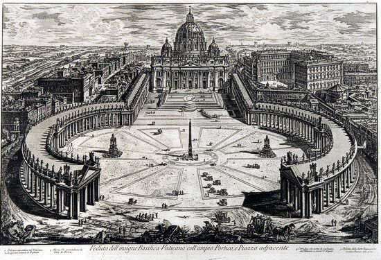 Piranesi: Veduta dell'insigne Basilica Vaticana coll'ampio Portico, e Piazza adjacente - Ansicht der Vatikansbasilika mit dem großen Porticus und dem davor liegenden Platz