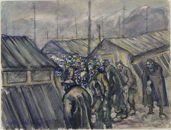 Julius C. Turner, Warten auf die Abendsuppe, Aquarell, 27 x 36 cm, signiert: Gurs julius C. Turner 1941. Repro Museum Ritterhaus