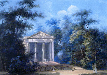 Minervatempel als Abschluss der Diagonalachse im linken Zirkelboskett. Minerva ist die Göttin der Weisheit und hier aufgefasst als die Beschützerin der zivilisierten Gartenkunst.