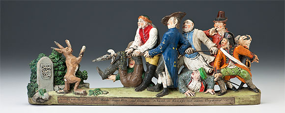 „Die Sieben Schwaben“. Anton Sohn, Zizenhausen, 1830/31. Terrakotta, bemalt, H. 15 cm, B. 30 cm, T. 10 cm. Landesmuseum Württemberg, Stuttgart. © Landesmuseum Württemberg, Stuttgart; Foto: Hendrik Zwietasch