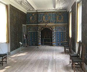 Schloss Oranienbaum, Saal mit Ledertapete und Porzellanpräsentation