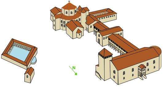 Rekonstruktion des Aachener Pfalzbezirks. Bild: Wikimedia Commons/user.Aliesin