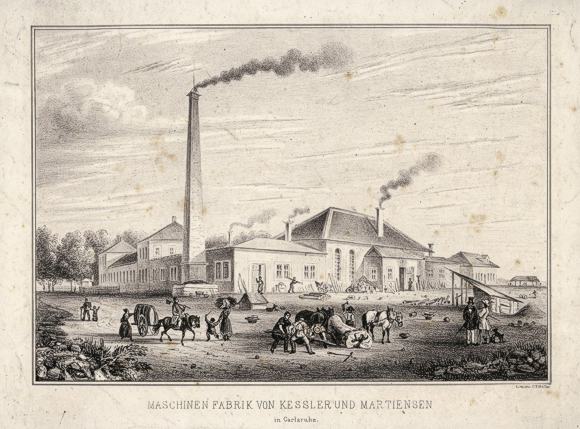 Ansicht der Maschinenfabrik Keßler & Martiensen, Karlsruhe, ca. 1840.  Generallandesarchiv Karlsruhe J-B Karlsruhe 12