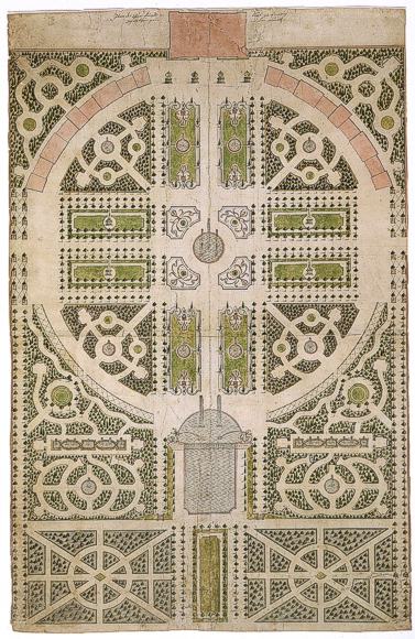 Schwetzingen, Schlossgarten. Johann Ludwig Petris Entwurf des Kreisparterres von 1753. Bild: ssg