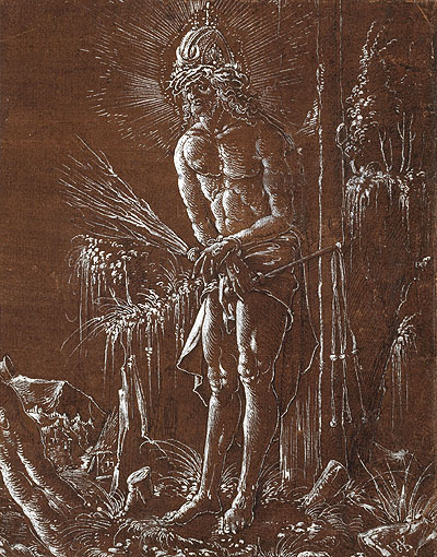 Hans Springinklee (1495–1540): Christus als Schmerzensmann, um 1514. Feder in Schwarz- Pinsel in Weiss- auf dunkelbraun grundiertem Papier. Blatt 196 x 155 mm. Kunstmuseum Basel- Kupferstichkabinett- CIBA-Jubiläumsschenkung 1959- 1959. Foto: Kunstmuseum Basel, Martin P. Bühler