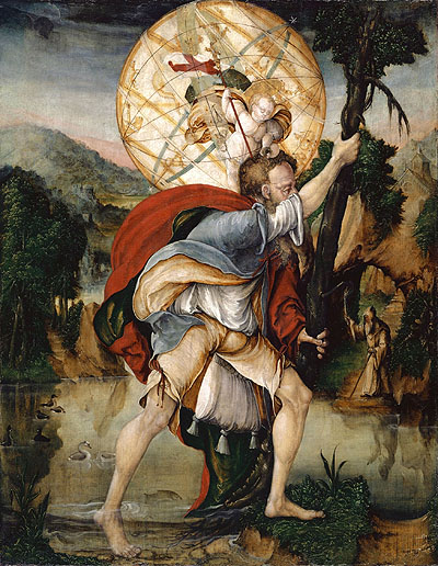 Meister des Basler Christophorus (tätig 2. Hälfte 16. Jh.): Der hl. Christophorus, 1562 (?). Tannenholz, 113.2 x 87.8 cm. Kunstmuseum Basel- Depositum des Freiwilligen Museumsvereins- 1935. Foto: Kunstmuseum Basel, Martin P. Bühler