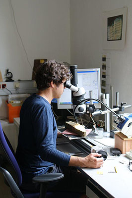 Archäologe im Labor bei der Untersuchung 