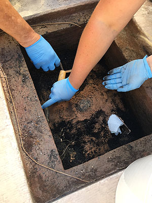 Freilegung des Hohlraums unter der Inschriftenplatte. Hier kamen bei weiterer Untersuchung Gläser und eine Zeitkapsel mit Münzen zum Vorschein.