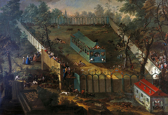 Unten: "Dieses Jagen ist 1738 unweith der Favorith gehalten worden / ist bestanden in 180 stuk Schwein/ 8 Wölff / 66 Täx 220 Hasen". Foto: Steffen Hauswirth SSG/LMZ