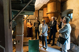 Ministerin Nicole Razavi MdL (Mitte) besichtigt die Mühlentechnik in der Oberen Mühle am Amorsbach bei Külsheim.