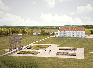 Visualisierung eines geplanten archäologischen Parks in Keszthely-Fenékpuszta mit Tetrapylon und Getreidespeicher. Bild: Orsolya Heinrich-Tamáska, Zsolt Vasáros, Gábor Nagy