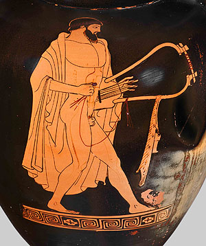Nach dem Symposion ziehen die Teilnehmer musizierend und lärmend um die Häuser. Attisch rotfigurige Amphore, Ton, um 480 v. Chr. Staatliche Antikensammlungen München, Inv. SH 2339. © Staatliche Antikensammlungen und Glyptothek München, Renate Kühling