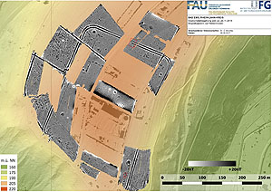Die geomagnetische Prospektion bestätigt die Vermutung, dass unter den Feldern im Boden Spuren früherer Nutzung des Hügels „Ehrlich“ zu finden sein würden. (Aufnahme: C. Mischka, FAU Erlangen-Nürnberg)