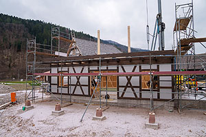 Aufrichtung Winzerstube: Parallel zu den letzten Innenarbeiten am Ortenauhaus finden im Freilichtmuseum Vogtsbauernhof die Aufrichtarbeiten für eine bewirtete Winzerstube statt, die gemeinsam mit dem Ortenauhaus am 2. Juli 2023 feierlich eröffnet wird. Foto: Schwarzwälder Freilichtmuseum Vogtsbauernhof, Benedikt Spether