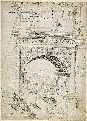 Maarten van Heemskerck, Titus-Bogen von Süden mit Durchblick zum Forum Romanum, um 1535, Vorzeichnung in Bleigriffel, Feder in Braun, © Staatliche Museen zu Berlin, Kupferstichkabinett / Volker-H. Schneider