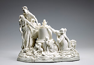 Porzellangruppe "Die erhörten Wünsche der Pfalz" anlässlich der Genesung des Kurfürsten von einer schweren Krankheit, 1775, Franz Conrad Linck (1730-1793).