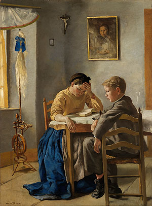 Hans Thoma: Geschwister. Das Bild zeigt ein Mädchen und einen Jungen an einem Tisch sitzend. Das Mädchen liest, der Junge schaut zur Seite.
