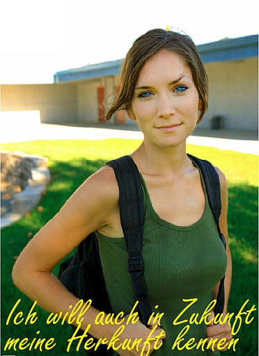 Junge Frau im Brustbild mit dem Slogan des Projekts