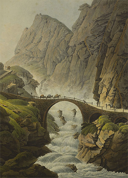 Simon Daniel Lafond (1763?1831), (Stecher, zugeschrieben) Gabriel Ludwig Lory, genannt Lory père (1763?1840), (Zeichner, zugeschrieben) Die Teufelsbrücke Kolorierte Umrissradierung auf Papier Museum zu Allerheiligen Schaffhausen, Depositum Sammlung Bernhard Neher ? Schenkung Stiftung Oscar Neher