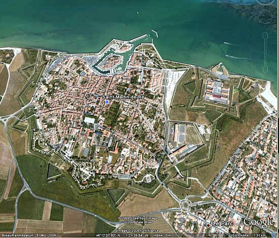 St. Martin de Ré, Satellitenbild mit der Zitadelle und dem Festungsgürtel um die Stadt